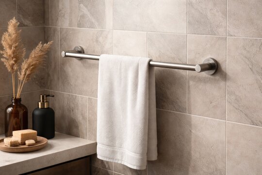 Functional stainless towel bar affixed to a trendy tiled wall elevating bathroom aesthetics and practicality