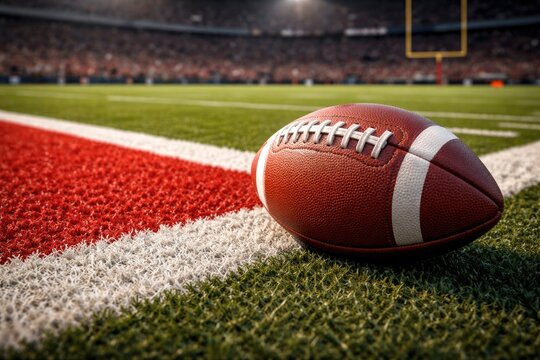 ground level perspective of leather football beside bright red end zone
