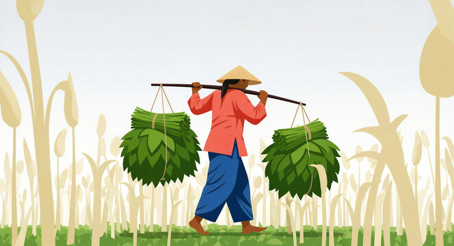 Asian woman carrying bundles of green leaves on a shoulder pole through a field. Traditional farmer wearing a conical hat harvesting crops. Agriculture and manual labor concept for rural themes.