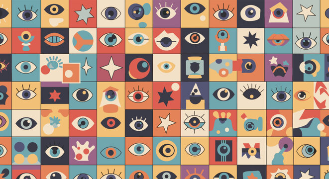 Colorful grid of squares contains various stylized eye icons, stars, and abstract graphic patterns in a unique and vibrant retro design style.