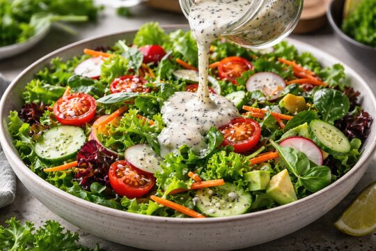 Fresh garden salad topped with nutritious homemade poppyseed dressing