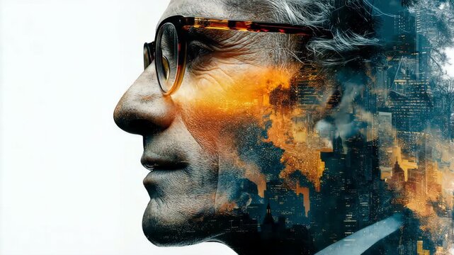 Artistic double exposure of mature man profile and glowing city skyline