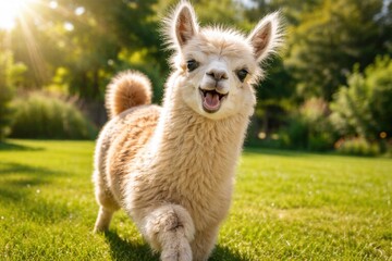 Fototapeta premium A lively and cute llama pet showing a vibrant mood on a sunny grass lawn