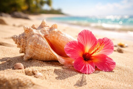 Closeup of seashell and vibrant flower on sun soaked beach sand