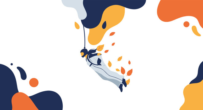 Person wearing a wingsuit glides through a sky filled with autumn leaves and abstract blue and orange shapes to represent extreme adventure.