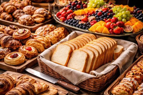 Buffet display of freshly sliced white bread accompanied by a mix of pastries and assorted colorful fruits
