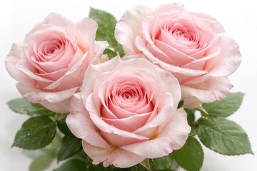 Fototapeta premium Close up of three pink roses showing varied petal formations on white background