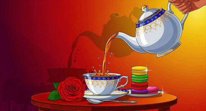 Tea being poured from an ornate teapot into a teacup with splashes. Assorted colorful macarons and a red rose sit on the table. Elegant tea time concept, ideal for cafe and bakery marketing.