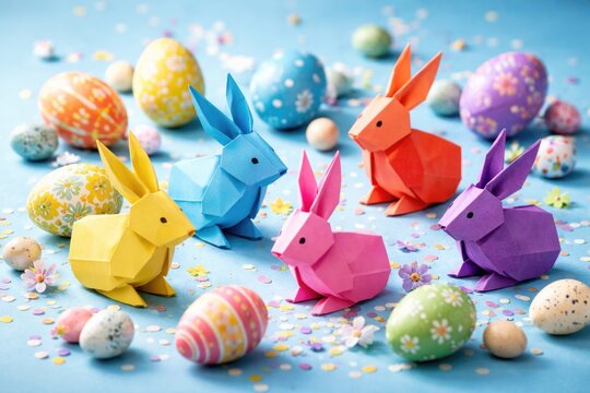 Brightly colored origami rabbits and patterned eggs displayed on a blue backdrop emphasizing Easter celebration