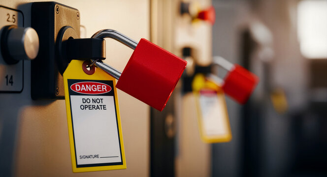 Red padlocks and danger tags on an industrial electrical panel. Close-up of lockout tagout safety procedure on a control board. Industrial safety compliance concept for OSHA training and marketing.