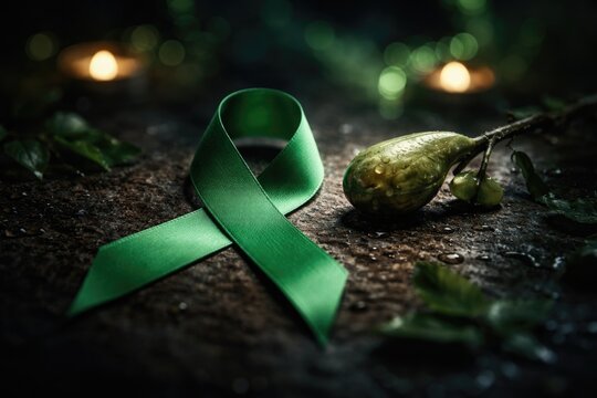 Dark scene featuring green ribbon for gallbladder and bile duct cancer awareness
