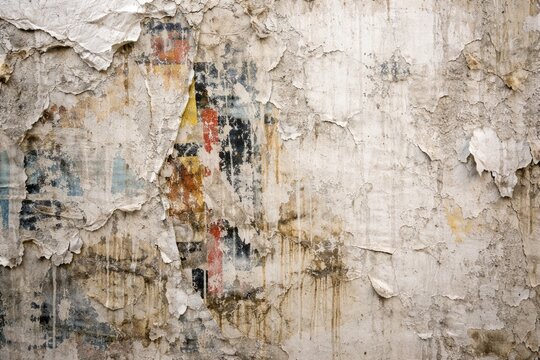 Abstract white textured backdrop highlighting worn wheatpaste poster layers and paint decay