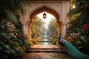Fototapeta premium Artistic rendering of a Mughal style garden arch framed by exotic plants and a majestic peacock for wallpaper ideas