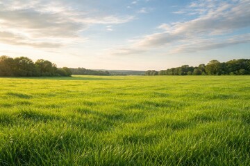 Obraz premium Bright green pasture beneath a soft sky setting a soothing natural scene