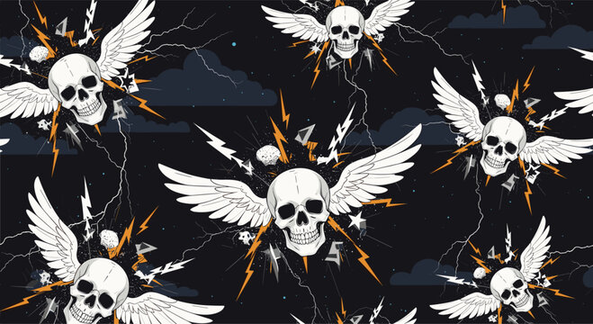 Winged skulls with yellow lightning bolts and stormy clouds in a pixel art seamless pattern on a dark night background for gothic designs.