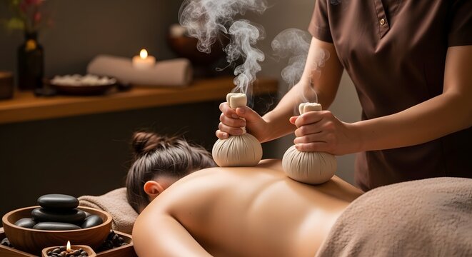 Steaming Herbal Compress Massage on Woman's Back