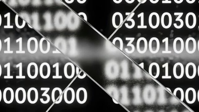 Entering single mirrored strip initiating sweeping metal ribbons in studio, blurring binary digits