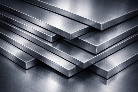 Flat stainless steel bars stacked to create a sleek metallic background texture