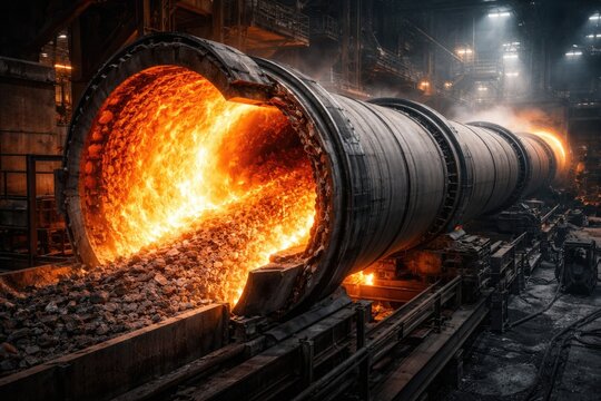 Cross section of a tubular rotary furnace with intense heat flames for clinker roasting