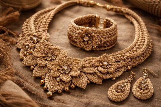 Beautifully crafted raffia jewelry with complex crochet and knit textures