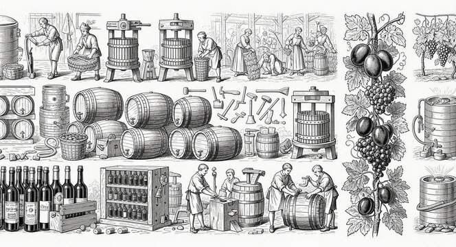 Vintage engraving of traditional winemaking and coopering. Workers harvest grapes, use wine presses, and craft barrels. Historic woodcut style ideal for vineyard branding and winery marketing.
