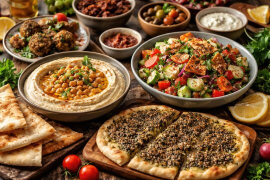 Freshly prepared Lebanese mezze dishes showcasing hummus, salad, and manouche flavors