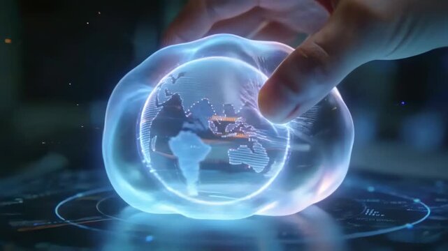 Reaching right hand pinching and rotating hologram globe in lab, revealing continental outlines