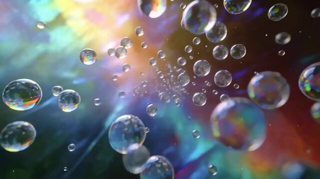 Panning camera revealing translucent iridescent spheres in studio, showing depth and microbubbles