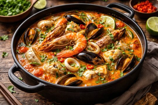 Authentic Brazilian moqueca baiana with fresh seafood in a modern cast iron vessel