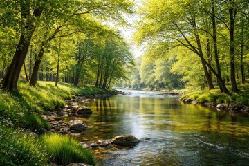 Obraz premium Fresh spring landscape showcasing green trees and a serene water flow