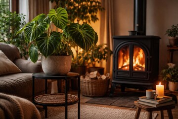 Obraz premium Decorated indoor space featuring Philodendron verrucosum on stand and a lit metal stove