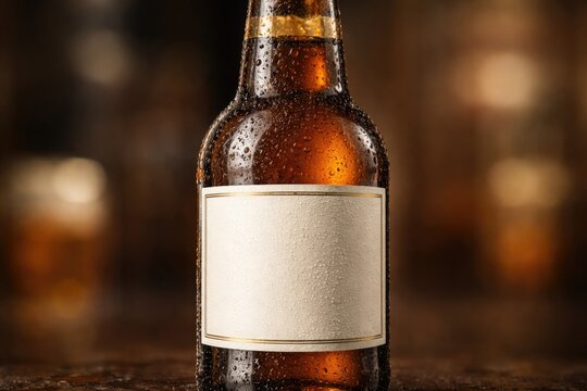 Detailed view of a beer bottle showing a label devoid of graphics