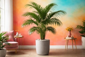 Obraz premium Elegant kentia palm in a contemporary planter featuring a lively color backdrop
