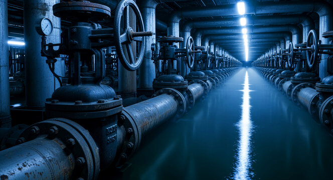 Large industrial pipes and valves in a long perspective tunnel. Metal infrastructure with pressure gauges and mechanical wheels in a blue-lit facility. Industrial infrastructure concept.