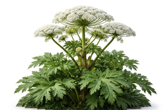 Detailed studio image of giant hogweed plant with bright white flowers and dense green leaves on white background