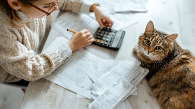 Overhead view of a pet owner at a kitchen table organizing insurance bills and medical paperwork with a curious ginger cat sitting nearby