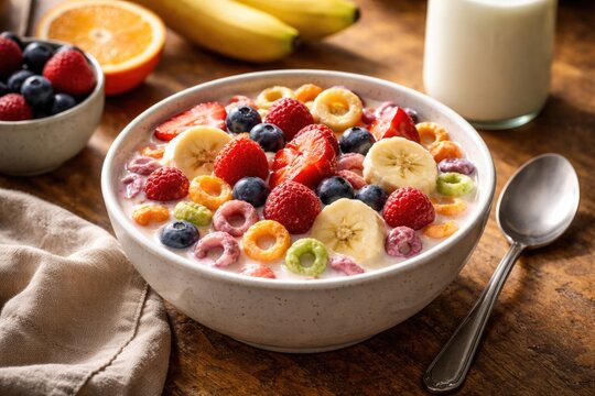 Fresh fruity cereal in ceramic bowl on textured kitchen wood surface