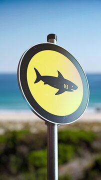 Shark warning sign on beach, ocean safety symbol with shark silhouette, coastal hazard signage, summer seaside background