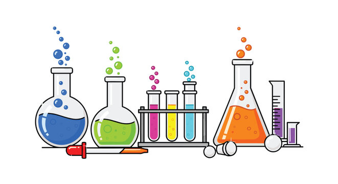 Various scientific glassware items like beakers and test tubes containing colorful bubbling liquids are arranged with a dropper on a white laboratory table setting.