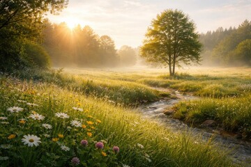 Obraz premium Calm morning in open meadow promoting environmental protection