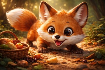 Fototapeta premium Cute fox mascot drawing looking for food eagerly
