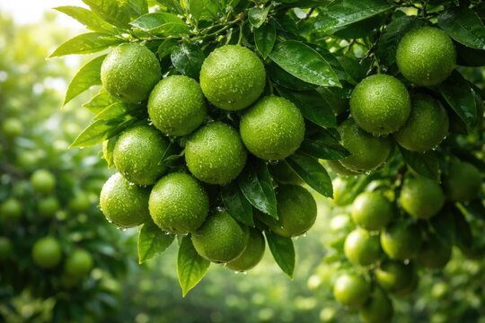 Green limau telur buaya lemons hanging densely on flourishing tree with fresh green leaves under gentle daylight