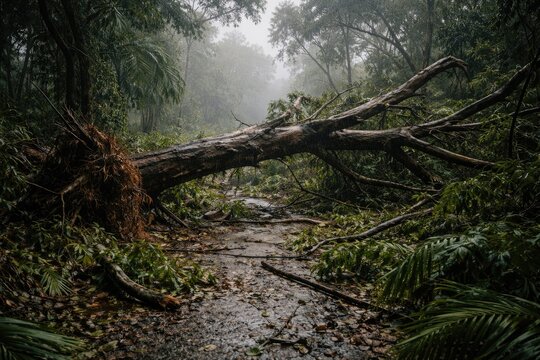 Damaging cyclone knocks down large tree on trail causing major blockage and destruction