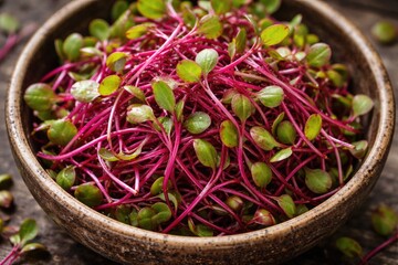 Fresh beetroot sprouts with colorful cotyledons presented in rustic bowl close up overhead