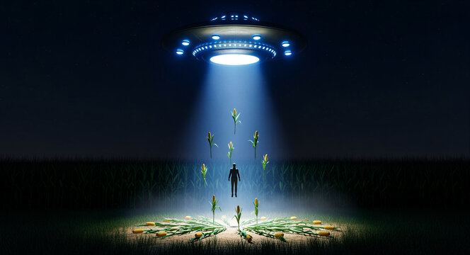 UFO hovering over a cornfield at night with a bright light beam. Silhouette of a person and corn being abducted into a flying saucer. Sci-fi alien concept for paranormal media projects.