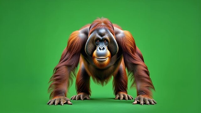 Orangutan Heroic Pose Isolated Orangutan Against Green Screen for Compositing