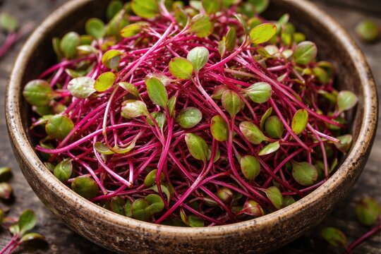 Fresh beetroot sprouts with colorful cotyledons presented in rustic bowl close up overhead