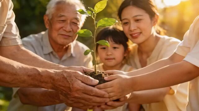Grandfather supporting root ball family cupping and steadying seedling in garden for planting