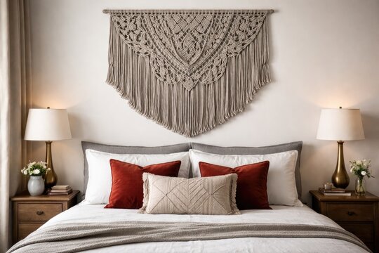 Elegant bedroom setting presenting grey macrame wall ornament paired with white and red bed pillows