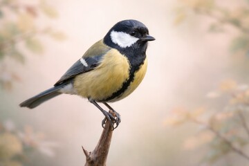 Fototapeta premium Elegant Great Tit balancing on sharp branch with a gentle pastel color scheme and faint foliage details